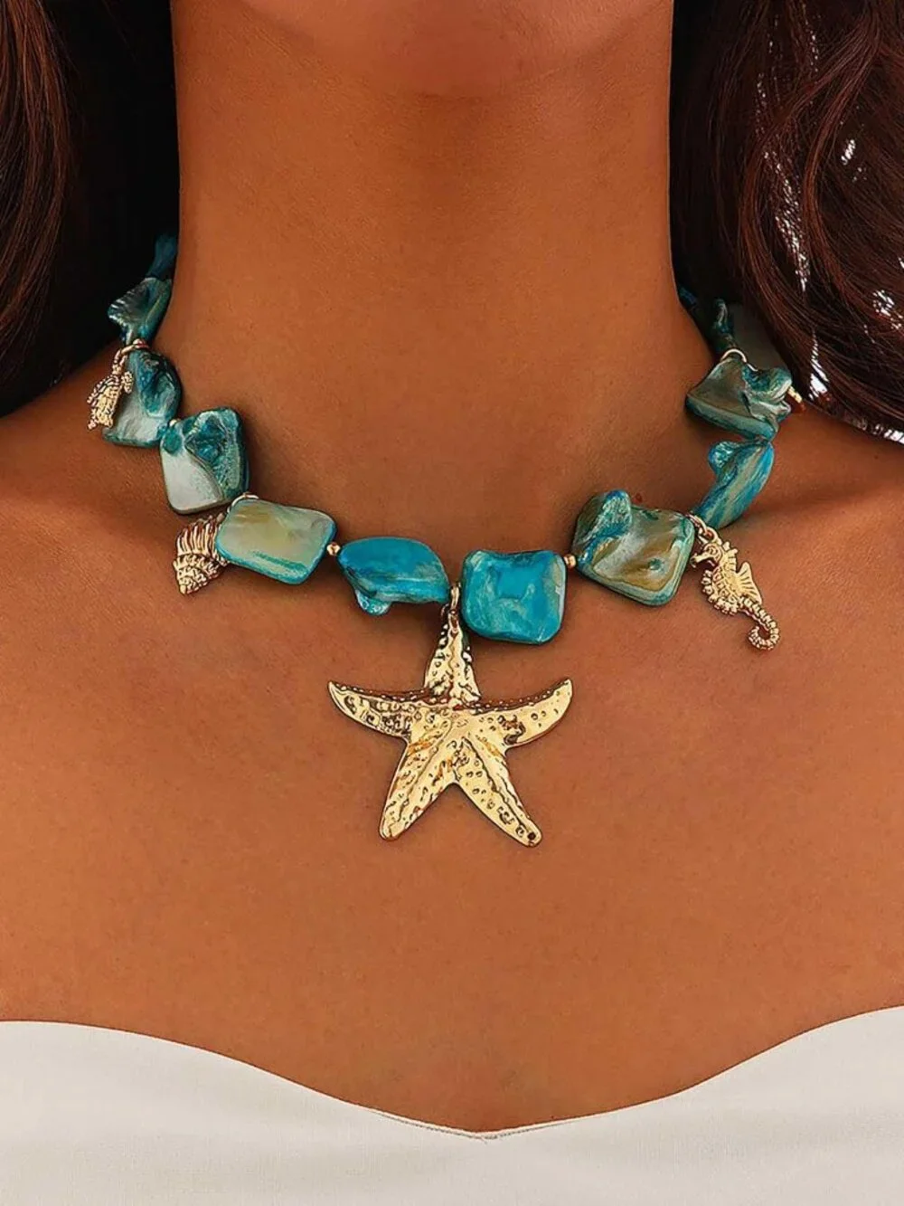 Starfish Shell Necklace Gold Seashell Pendant Necklaces Summer Charm Trendy Chok - Picture 4 of 7